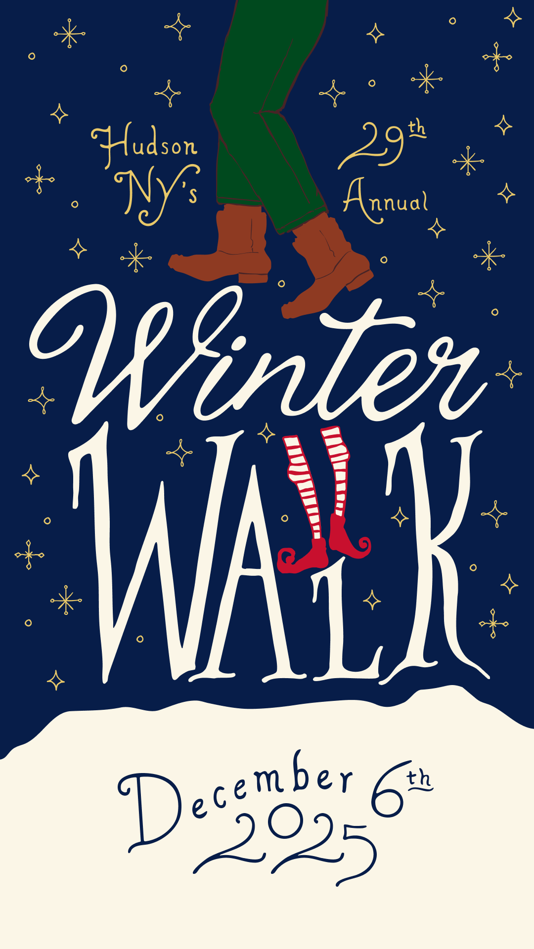 Banner with snow and boots for Hudson 29th Annual Winter Walk on December 6th.
