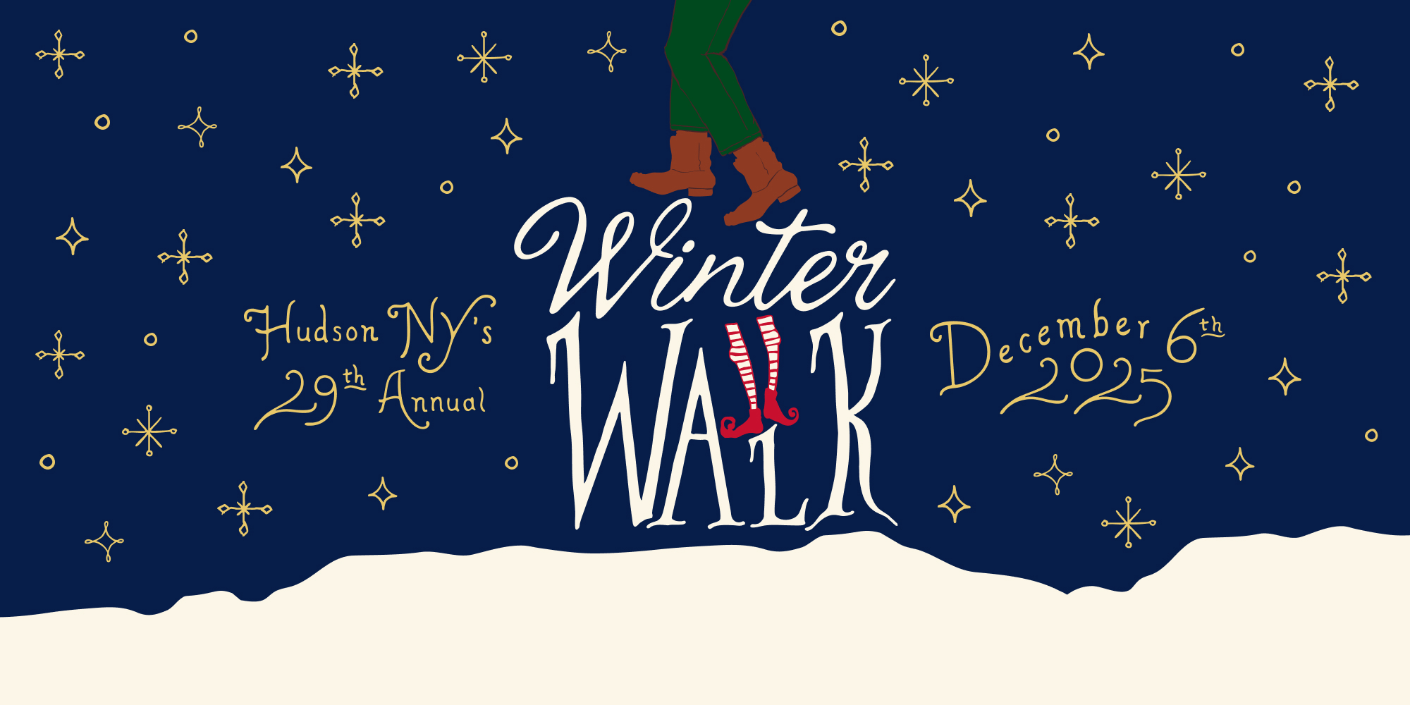 Banner with snow and boots for Hudson 29th Annual Winter Walk on December 6th.